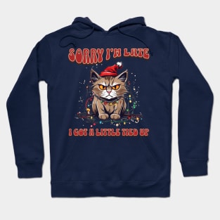 Funny Christmas Cat Tangled in Lights Wearing Santa Hat Hoodie